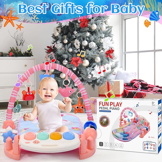 Baby Gyms Play Mats with Tummy Time Water Mat, Activity Mat Play Piano Gym with 5 Sensory Toys for Babies, Music and Lights Boy & Girl Gifts for Infant Newborn Babies 0-3 4-6 6-9 6-12 Months