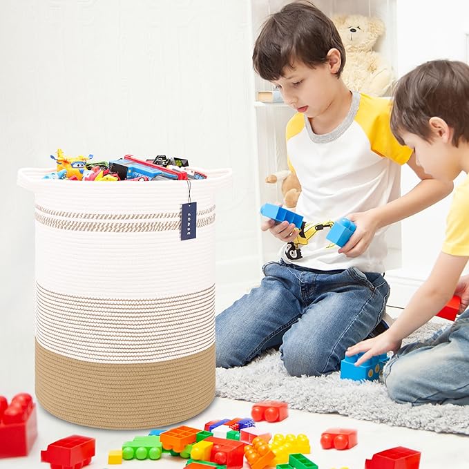 COMSE Extra Large Blanket Basket, Tall Laundry Basket, Nursery Hamper, 15.7”x 21.7”, Cotton Rope Woven Laundry Hamper for Storage Toys Clothes Towels, Brown & White