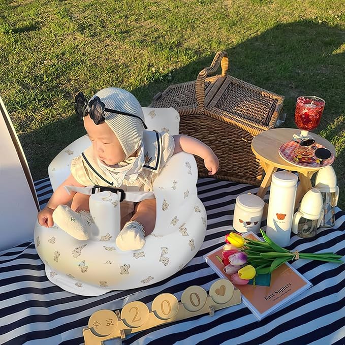 Inflatable Baby Seat with Harness for Babies 3 Months & Up, Baby Floor Chair for Sitting Up, Baby Seats for Infants, Blow Up Baby Chair with Built in Air Pump - Bear