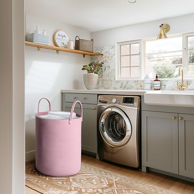 Large Pink Laundry Basket, 15"x18" Tall Blanket Storage for Living Room, Woven Cotton Rope Laundry Hamper for Girls Baby, Pink Room Decor Aesthetic, Decorative Clothes Hamper for Towels Toys