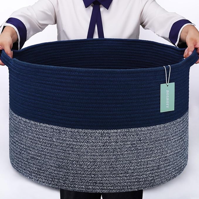Extra Large Blanket Basket 87L, Laundry Hamper, Baby Nursery Hamper for Storage Toys Clothes Towels, Large Cotton Rope Laundry Basket for Girls Boys, 22”x 14”, Navy Blue
