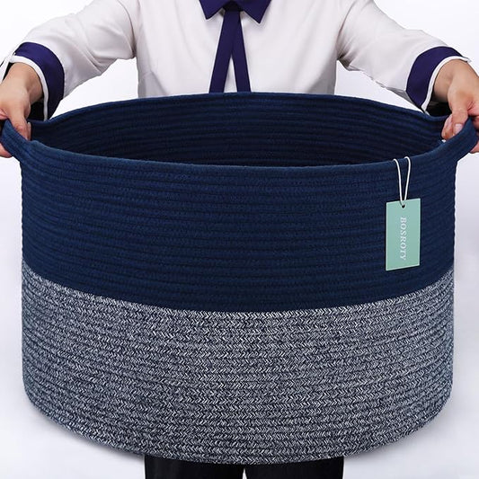 Extra Large Blanket Basket 87L, Laundry Hamper, Baby Nursery Hamper for Storage Toys Clothes Towels, Large Cotton Rope Laundry Basket for Girls Boys, 22”x 14”, Navy Blue