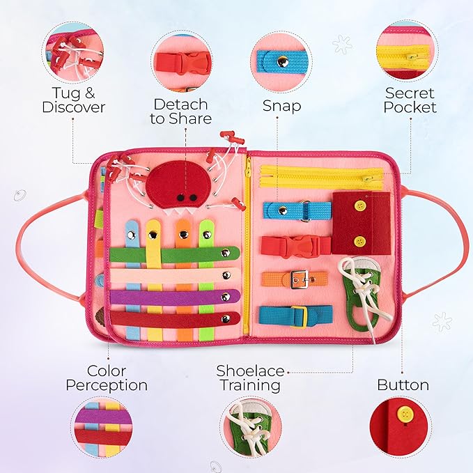 Montessori Busy Board Book, Toddlers, Sensory Activities and Preschool Learning - Toy for Home, Airplane and Car Travel (Pink)