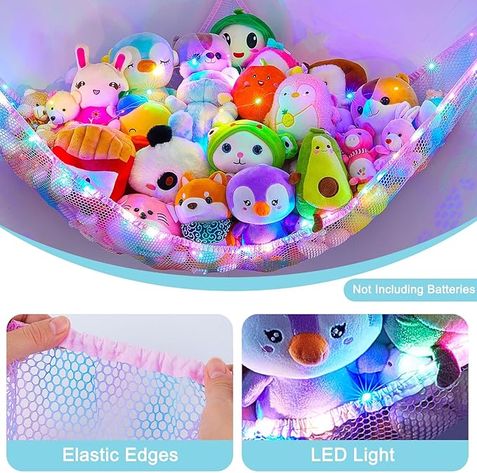 Unicorn Castle Stuffed Animals Net or Hammock Kids Toy Storage Organizer with LED Light Hanging Corner Stuffed Animals Holder Kids Girls Room Decor (Pack of 1)