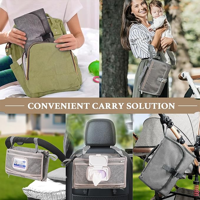 Baby Portable Diaper Changing Pad - Baby Diaper Changer Travel Bag with Wipes Pocket, Smart Design Portable Changing Mat,Gift for Newborn Girl & Boy，Gray.