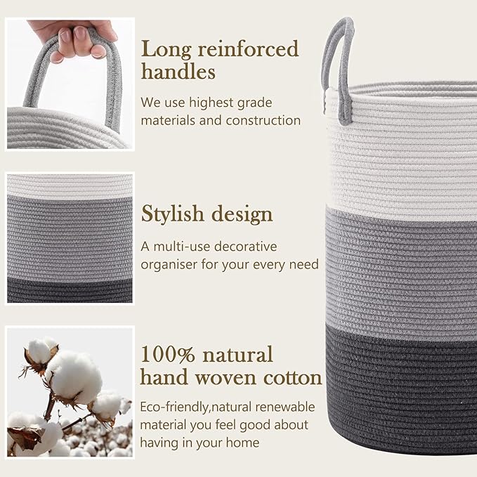 YOUDENOVA Woven Rope Laundry Hamper Basket, 58L Tall Luandry Basket, Baby Nursery Hamper for Blanket Storage, Clothes Hampers for Laundry in Bedroom-Large-Dark Grey