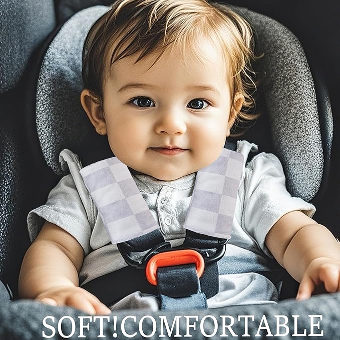 Carseat Strap Covers for Babies, Ultra Soft Double-Sided Use Shoulder Covers, 2 Pack Infant Seat Belt Covers for Car Seats/Strollers/High Chairs, for Baby Toddler Infant Boy Girl, Gray Checkered