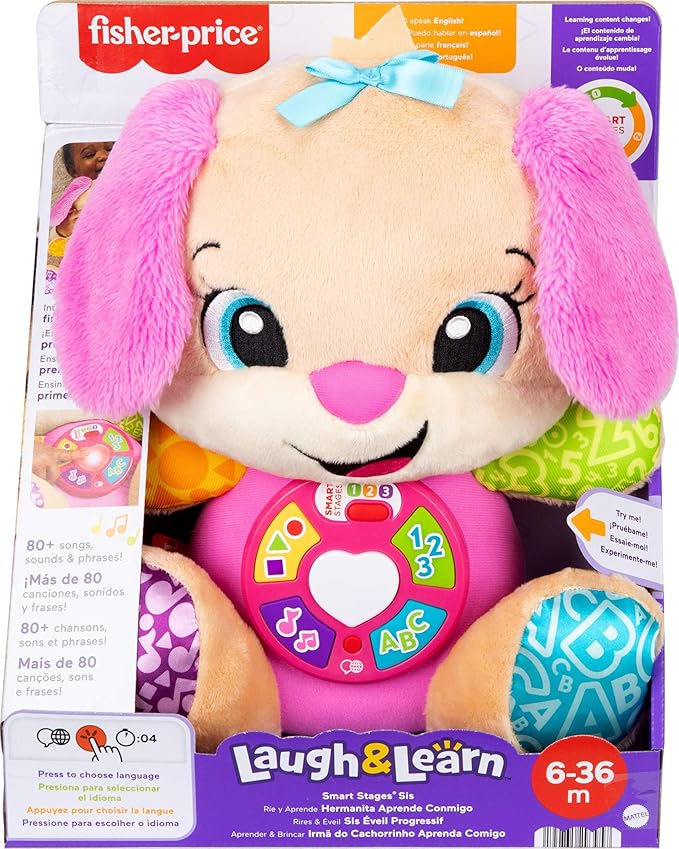 Fisher-Price Baby Learning Toy Laugh & Learn Smart Stages Sis Pink Musical Plush with Smart Stages for Infants Ages 6+ Months, Multilanguage Version