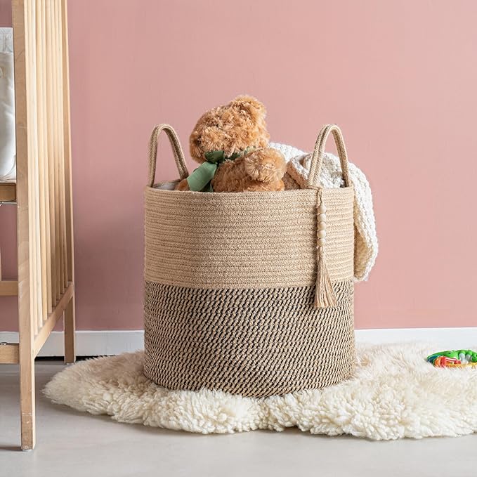 Mkono Woven Storage Basket Decorative Rope Basket Wooden Bead Decoration for Blankets,Toys,Clothes,Shoes,Plant Organizer Bin with Handles Living Room Home Decor, Yellow and Black, 16" W × 13.8"