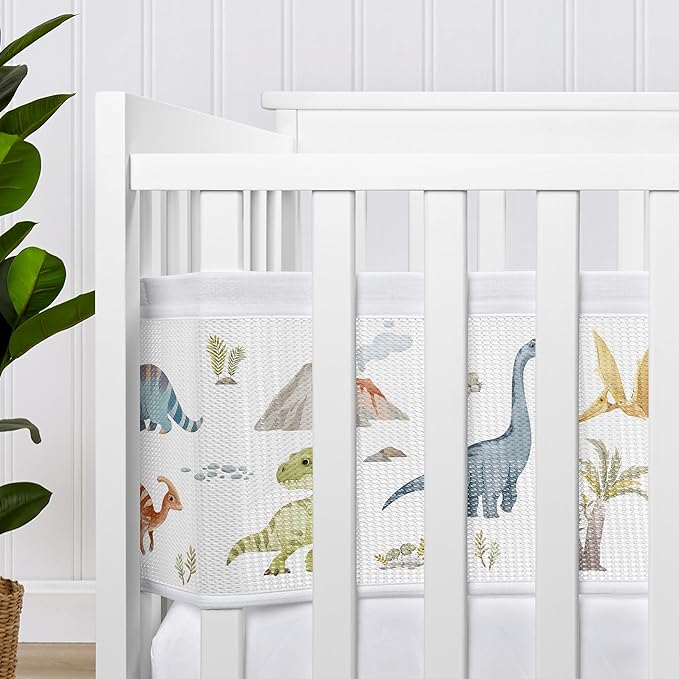 Sweet Jojo Designs + BreathableBaby 2-Piece Breathable Mesh Crib Liner Set (Watercolor Dinosaur Dino) for Boys, Baby, Infants/Newborn Nursery (Modern, Dinosaurs, Jurassic, Nature, Animal, Green, Blue)