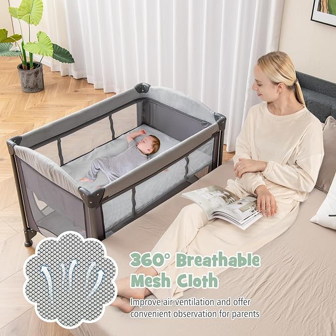 HONEY JOY Pack and Play with Bassinet, 5 in 1 Portable Baby Playard w/Changing Table, Removable Infant Full-Size Bassinet & Mattress, Diaper Storage Bag, Foldable Newborn Nursery Center w/Carry Bag