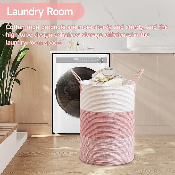 CLHMILY&Z 80L Laundry Basket Round Storage Rope Basket - 16.5x22.5 Inches - Pink Hamper in Bedreoom and Cute Storage Bin for Blankets, Toys, and Nursery Essentials