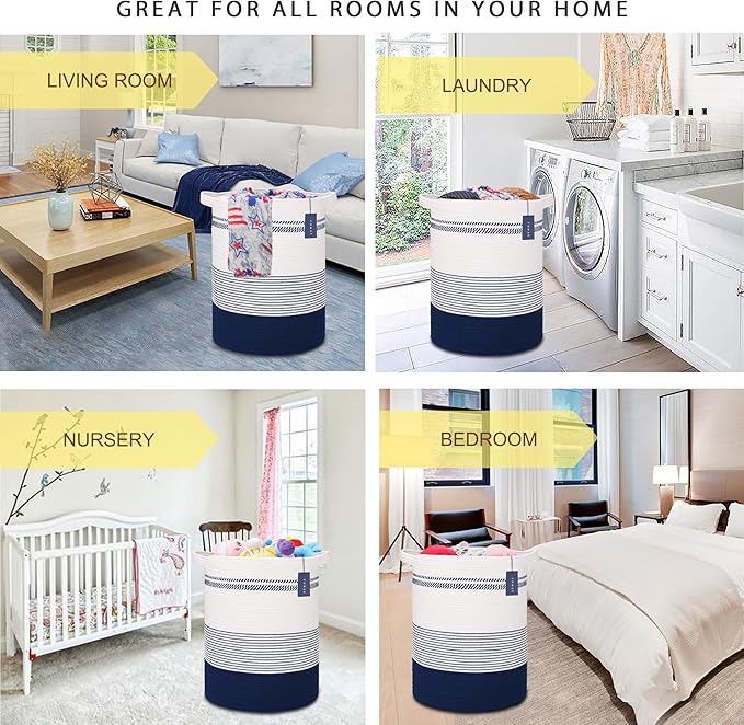 COMSE Extra Large Blanket Basket, Tall Laundry Basket, Nursery Hamper, 15.7”x 21.7”, Cotton Rope Woven Laundry Hamper for Storage Toys Clothes Towels, Navy Blue & White