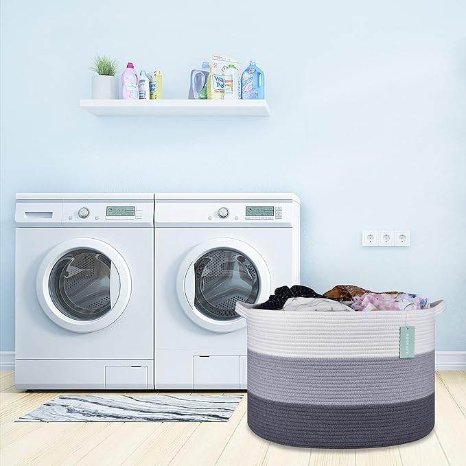 Extra Large Blanket Basket 87L, Laundry Hamper, Baby Nursery Hamper for Storage Toys Clothes Towels, Large Cotton Rope Laundry Basket for Girls Boys, 22”x 14”, White & Gray