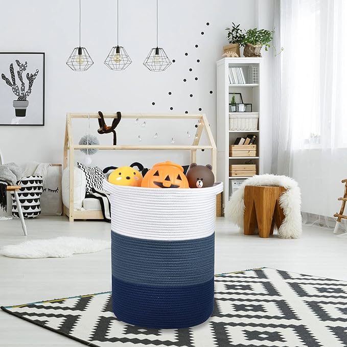 Large Blanket Basket, Nursery Hamper, Tall Laundry Basket 72L, Cotton Rope Woven Laundry Hamper for Storage Toys Clothes Towels, 16”x 22”, White & Cadet Blue & Navy Blue