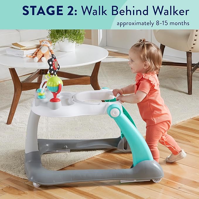 Kolcraft Tiny Steps 2 in 1 Foldable Infant and Baby Walker with Wheels, Seated or Walk Behind Activity Center, Entertaining Developmental Activities for Boys and Girls, Wide Base Sturdy Frame, Bubbles