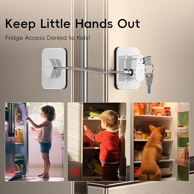 2 Pack Refrigerator Door Lock, Child Proof Fridge Door Lock for Kitchen Freezer, Cabinets and Drawers, Air Oven Air Fryer, Closets, Windows, Doors-No Tools Need or Drill (Patent) (2 pcs Lock White)