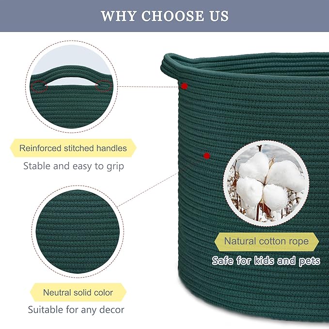 Extra Large Blanket Basket 87L, Laundry Hamper, Baby Nursery Hamper for Storage Toys Clothes Towels, Large Cotton Rope Laundry Basket for Girls Boys, 22”x 14”, Dark Green