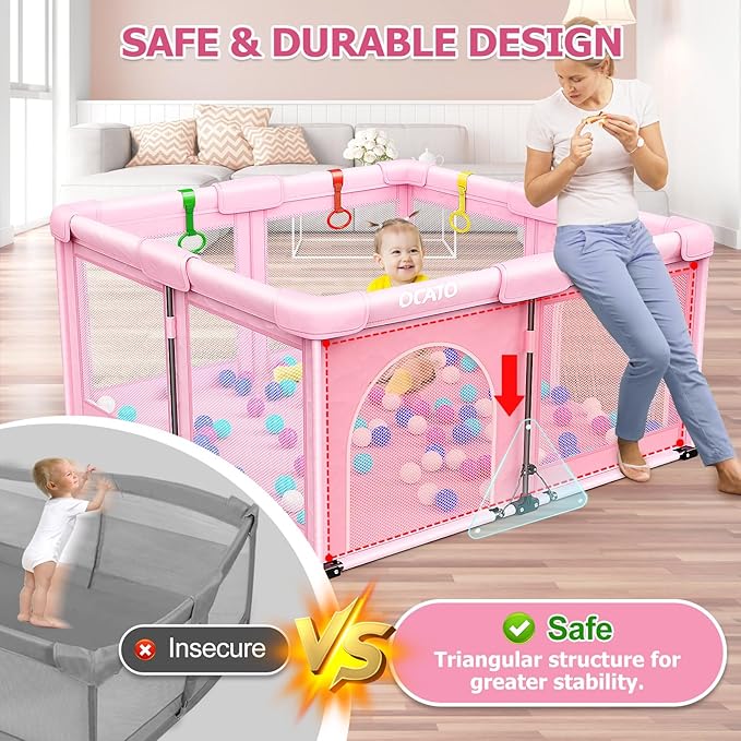 OCATO Baby Playpen: Foldable Playpen for Babies and Toddlers Large Play Pen Portable Playpen Fence Indoor Outdoor Kids Safety Area Travel Play Yard with 4 Handlers 50 Balls Baby Girl Gifts (50" × 50")