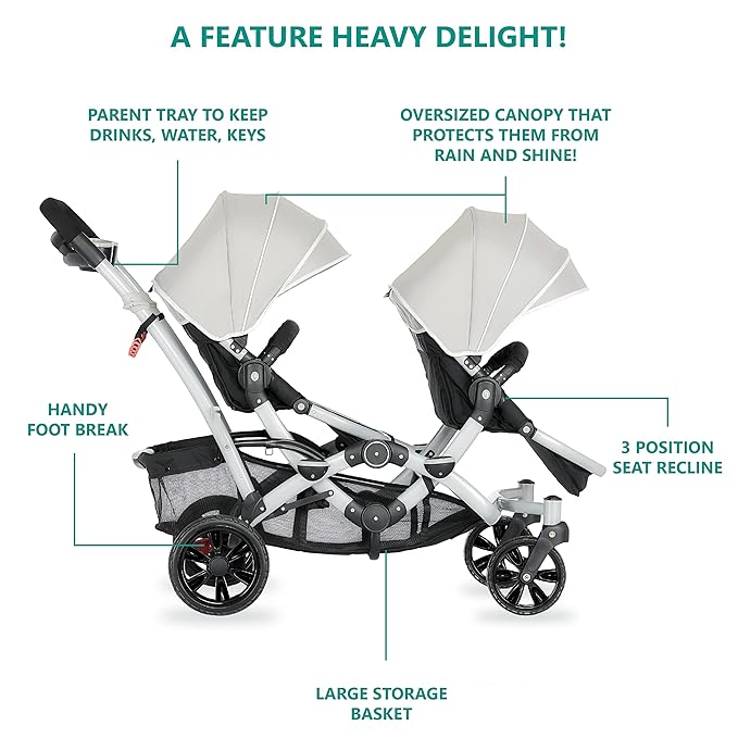Dream On Me Track Tandem Double Umbrella Stroller in Light Grey, Lightweight Double Stroller for Infant and Toddler, Multi-Position Reversible & Reclining Seats, Large Storage Basket and Canopy