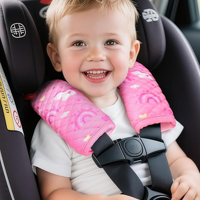 INFANZIA Car Seat Strap Covers for Infants Babies, Soft Carseat Shoulder Pads for Kids, Double-Sided Use Seatbelt Cushion Covers for Stroller, Pushchair & High Chair (Pink)