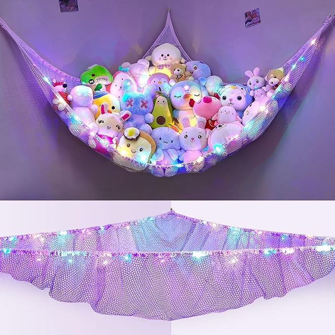 Unicorn Castle Stuffed Animals Net or Hammock Kids Toy Storage Organizer with LED Light Hanging Corner Stuffed Animals Holder Kids Girls Room Decor (Pack of 1)