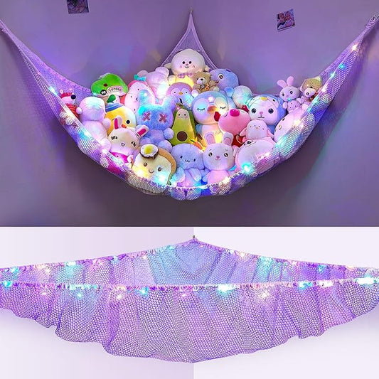 Unicorn Castle Stuffed Animals Net or Hammock Kids Toy Storage Organizer with LED Light Hanging Corner Stuffed Animals Holder Kids Girls Room Decor (Pack of 1)