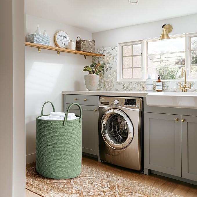 Large Green Laundry Basket, 15"x18" Tall Woven Cotton Rope Bin for Blankets Clothes, Baby Nursery Laundry Hamper, Kids Toy Storage Bin, Green Living Room Bedroom Decor Baskets for Organizing