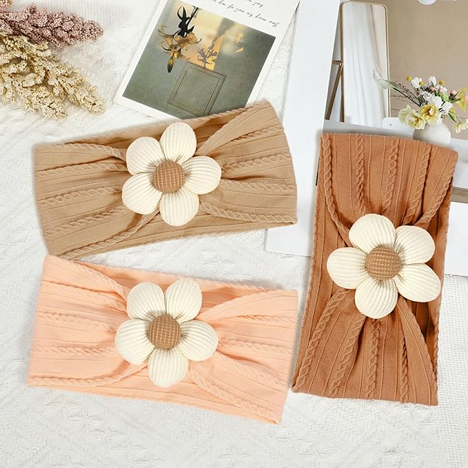 3 Pcs Baby Flower Headbands Baby Girls Nylon Headband Soft Hairbands Hair Accessories for Newborn Infant Toddler Kids (Beige Orange Brown)