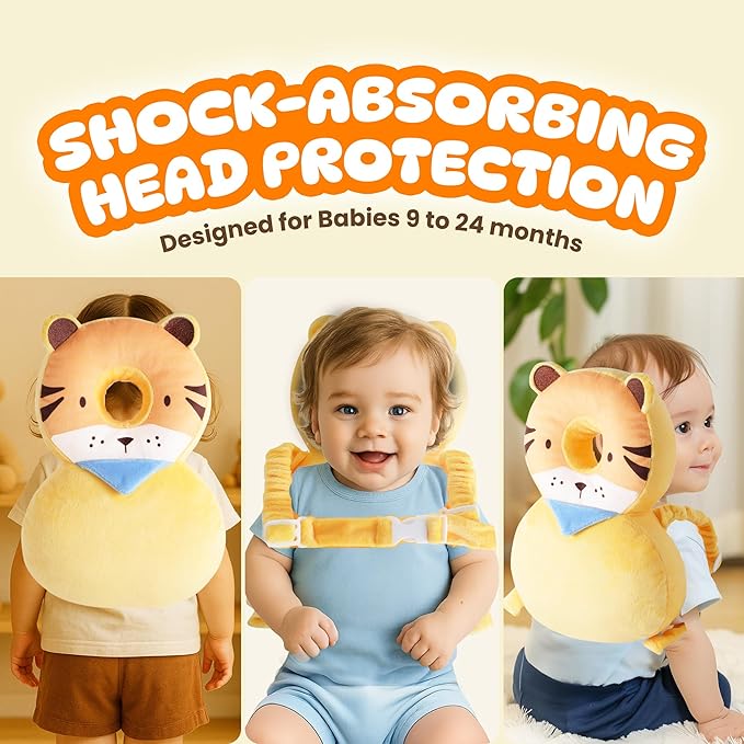Baby Head Protector Backpack (9 to 24 Months) - Cute Head Guard Pillow with Knee Pads and Socks, Crawling and Walking Safety Set, Toddler Head Cushion Backpack, Yellow Lion