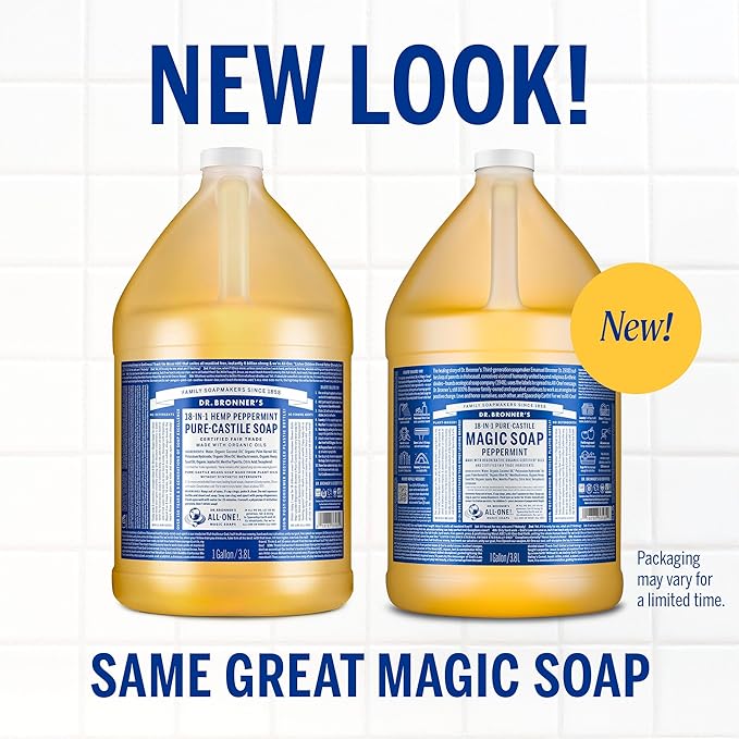 Dr. Bronner's Pure-Castile Magic Soap Liquid (Peppermint, 1 Gallon) – Made with Regenerative Organic Certified Oils - For Face, Hair, Laundry, Dishes- Hand Soaps & Body Wash
