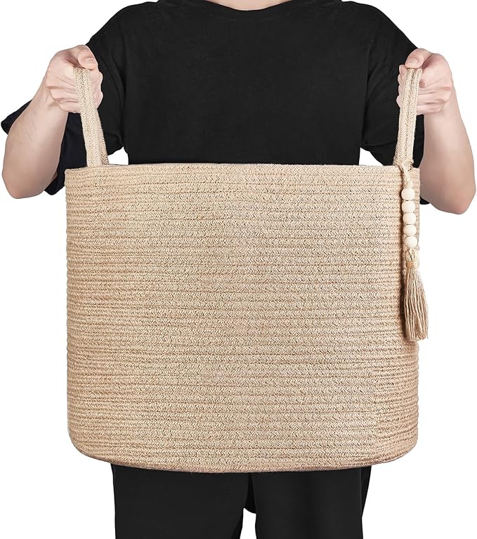Mkono Woven Storage Basket Decorative Natural Rope Basket Wooden Bead Decoration for Blankets,Toys,Clothes,Shoes,Plant Organizer Bin with Handles Living Room Home Decor, Jute, 16" W × 13.8"L