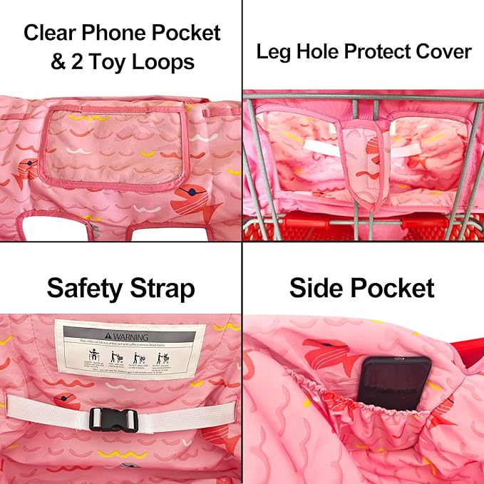 Soft Pillow Attached 2-in-1 Shopping Cart and High Chair Cover for Baby, Cotton Padded Cart Cover, Fold'n Roll Style, Portable with Carry Bag (Pink Fish)