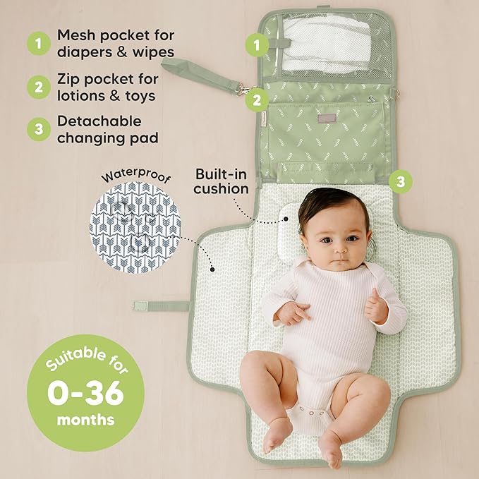 KeaBabies Portable Diaper Changing Pad - Large Waterproof Baby Changing Mat, Compact Travel Diaper Clutch, Functional Pockets Fit Newborn Essentials, Wipeable & Padded Baby Changer (Acacia)
