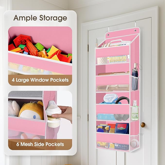 2 Pack Over The Door Organizer Hanging Storage Organizers with Clear Window 40lb Large Capacity Room Organizer for Pantry Laundry Bathroom Nursery Closet(Pink)
