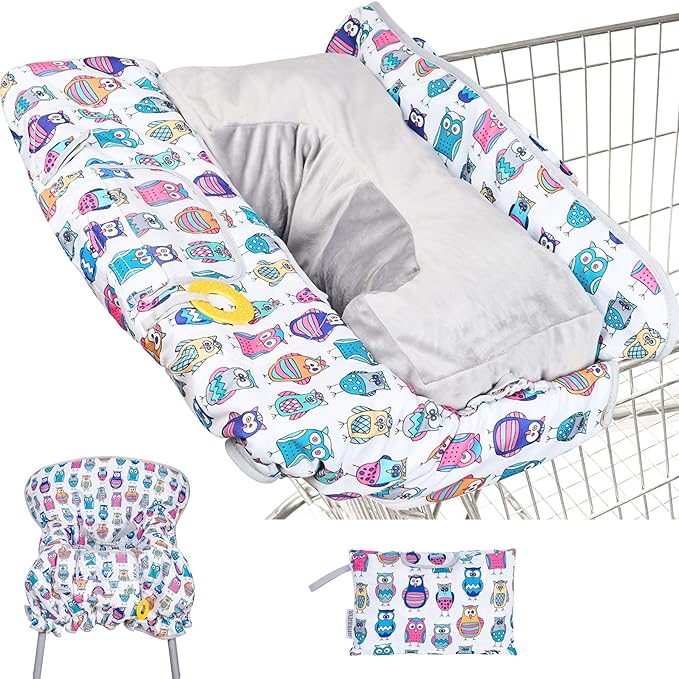 Suessie Shopping Cart Cover and High Chair Cover with Bolster Support Pillow (Owls with Cushion)