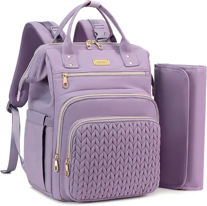AIJIEKE Diaper Bag, Large Wide-Open Baby Diaper Backpack, Multi-functional Baby Travel Tote Bag, Diaper Bag with Changing Pad, Diaper Bags for Mom & Maternity (Purple)