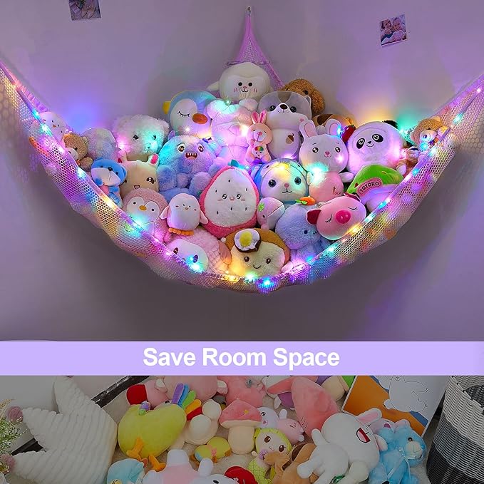 Unicorn Castle Stuffed Animals Net or Hammock Kids Toy Storage Organizer with LED Light Hanging Corner Stuffed Animals Holder Kids Girls Room Decor (Pack of 1)
