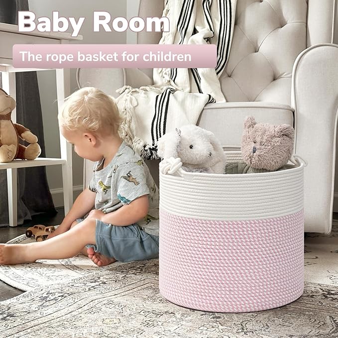 Goodpick Baby Storage Basket, Pink Laundry Basket 15 x 14.2 Inches, Toy Basket for Clothes, Nursery Basket for Toys, Soft Woven Basket for Storage, Pink