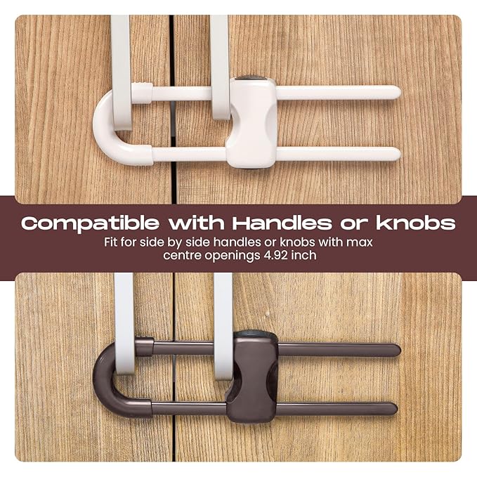 Jetec 10 Pieces Cabinet Locks for Babies, U-Shaped Proofing Drawers Safety Child Locks Adjustable, Easy to Use Childproof Latch for Knob Handle on Kitchen Door Storage Cupboard Closet (Brown,White)