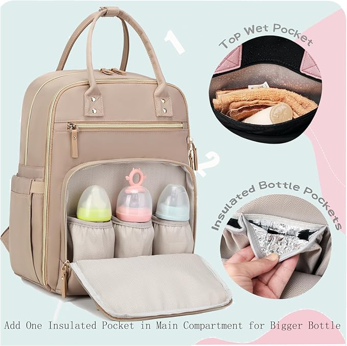 18 Pockets Diaper Bag Backpack with Waterproof Pockets and Stroller Buckle, Convertible Tote Bag (Mocha Mousse, Large)