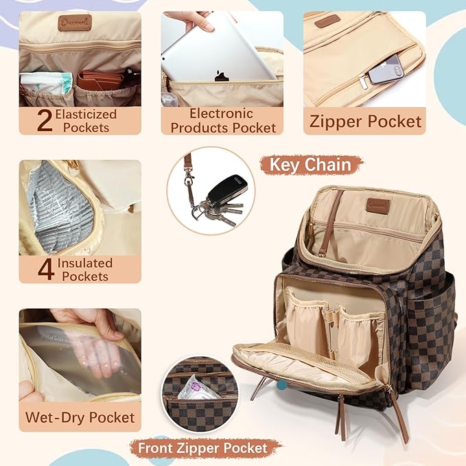 Checkered Diaper Bag Backpack Large Baby Diaper Bag Leather with 17 Diaper Bag Organizing Pouches,Changing Pad,Stroller Straps,4 Insulated Pockets, Coffee
