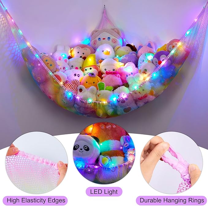 Unicorn Castle Stuffed Animals Net or Hammock Kids Toy Storage Organizer with LED Light Hanging Corner Stuffed Animals Holder Kids Girls Room Decor,Rainbow-A,XL-Large-Pack of 1