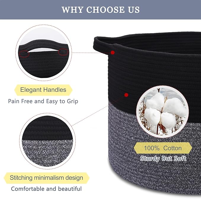 Extra Large Blanket Basket 87L, Laundry Hamper, Baby Nursery Hamper for Storage Toys Clothes Towels, Large Cotton Rope Laundry Basket for Girls Boys, 22”x 14”, Black & Gray