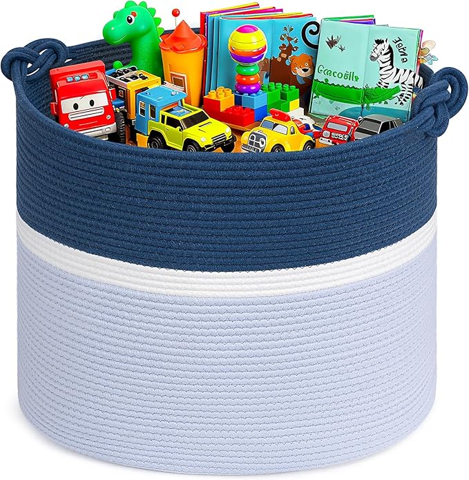 Goodpick 17"x16" Toy Storage for Kids, Home Décor Living Room, Baby Boy Gifts Basket for Nursery Playroom, Soft Woven Cotton Rope Basket for Blankets Pillows Clothes, Blue