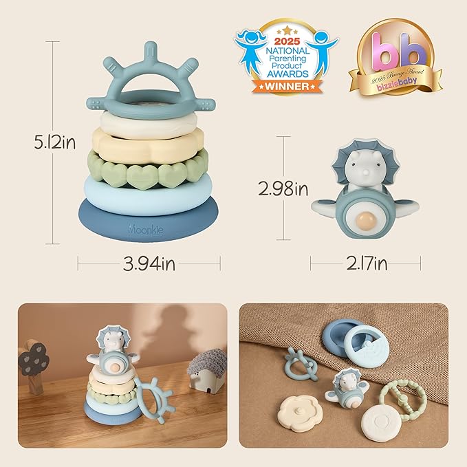 Moonkie Dinosaur Baby Stacking Toys | 7-Piece Silicone Rings for Teething Relief | Educational Toy for Infants & Toddlers 6 Months+ | Baby Boy Essentials