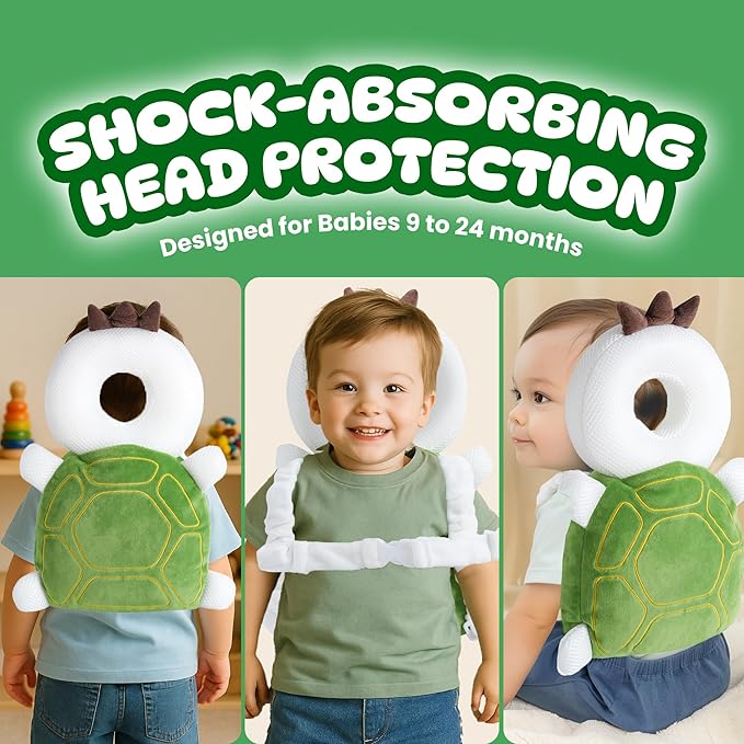 Baby Head Protector Backpack (9 to 24 Months) - Cute Head Guard Pillow with Knee Pads and Socks, Crawling and Walking Safety Set, Toddler Head Cushion Backpack, Green Turtle