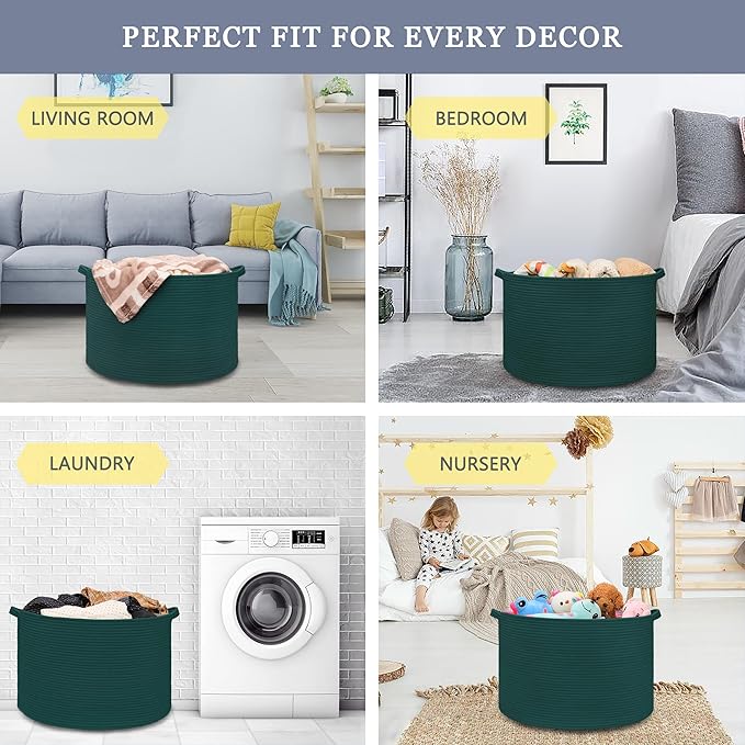 Extra Large Blanket Basket 87L, Laundry Hamper, Baby Nursery Hamper for Storage Toys Clothes Towels, Large Cotton Rope Laundry Basket for Girls Boys, 22”x 14”, Dark Green