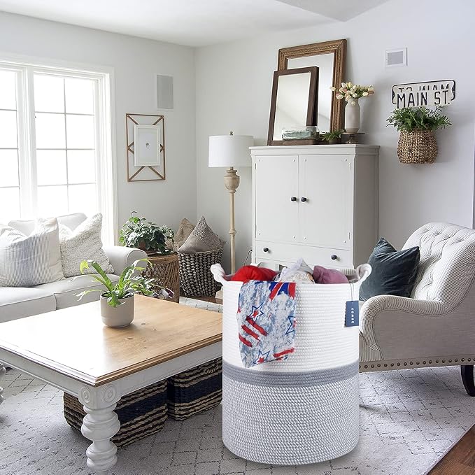 COMSE Extra Large Blanket Basket, Tall Woven Storage Basket, Nursery Hamper, 15.7”x 21.7”, Cotton Rope Laundry Hamper for Toys Clothes Towels, Blend White/Gray