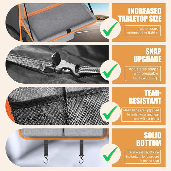 Car Backseat Organizer with Tablet Holder,11 Storage Pockets with Foldable Food Tray, Protector Kick Mats for Kids, Travel Accessories Organizer (Orange, 2Pack)